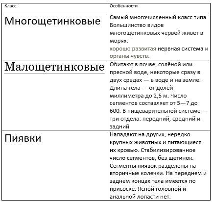 Сделайте таблицу тип кольчатые черви: 1. класс многощетинковые; 2.малощетинковые; 3. пиявки. все при