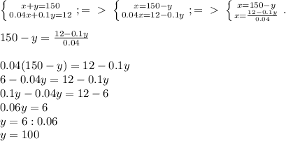 \left \{ {{x+y=150} \atop {0.04x+0.1y=12}} \right. ;=\ \textgreater \ \left \{ {x=150-y} \atop {0.04x=12-0.1y}} \right. ;=\ \textgreater \ \left \{ {{x=150-y} \atop {x= \frac{12-0.1y}{0.04} }} \right. . \\ \\ 150-y= \frac{12-0.1y}{0.04} \\ \\ 0.04(150-y)=12-0.1y \\ 6-0.04y=12-0.1y \\ 0.1y-0.04y=12-6 \\ 0.06y=6 \\ y=6:0.06 \\ y=100 \\