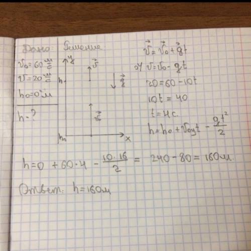 Тело брошенное вертикально вверх с начальной скоростью 60 м/с. спустя какое время скорость равна 20