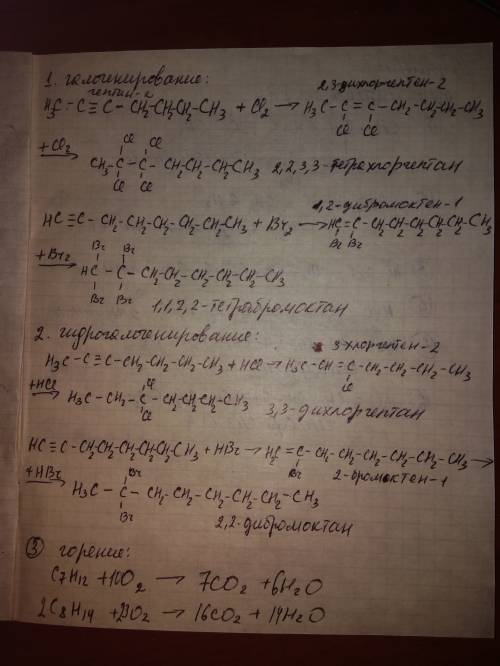 Составить реакции (галогенирование,гидрогалогенирование,горение ) изомеры (2 скелетных,2 положения и
