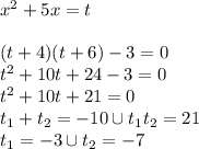 x^2+5x=t \\ \\ (t+4)(t+6)-3=0 \\ t^2+10t+24-3=0 \\ t^2+10t+21=0 \\ t_1+t_2=-10 \cup t_1t_2=21 \\ t_1=-3 \cup t_2=-7