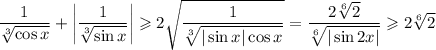 \dfrac1{\sqrt[3]{\cos x}}+\left|\dfrac1{\sqrt[3]{\sin x}}\right|\geqslant 2\sqrt{\dfrac1{\sqrt[3]{|\sin x|\cos x}}}=\dfrac{2\sqrt[6]{2}}{\sqrt[6]{|\sin 2x|}}\geqslant 2\sqrt[6]2