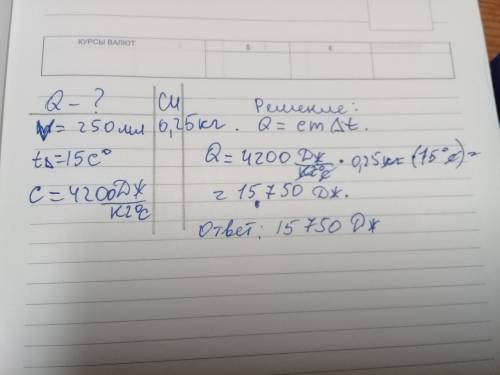 Из кастрюли выкипела вся вода объёмом 250 мл начальная температура которой 15с . какое количество те