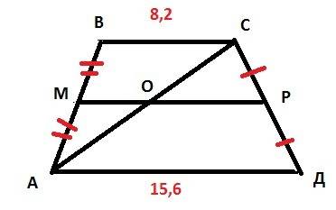 Основания трапеции равны 8,2 см и 15,6 см найти отрезки на котооые разбивает ее среднюю линию диоган