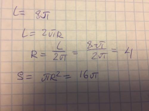 Какова площадь круга , если длинна окружности равна 8π см?