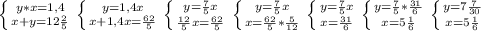 \left \{ {{y*x=1,4} \atop {x+y=12 \frac{2}{5} }} \right. &#10; \left \{ {{y=1,4x} \atop {x+1,4x=\frac{62}{5} }} \right. &#10; \left \{ {{y= \frac{7}{5} x} \atop { \frac{12}{5} x=\frac{62}{5} }} \right. &#10; \left \{ {{y= \frac{7}{5} x} \atop { x=\frac{62}{5}* \frac{5}{12} }} \right.&#10; \left \{ {{y= \frac{7}{5} x} \atop { x=\frac{31}{6} }} \right. &#10; \left \{ {{y= \frac{7}{5}*\frac{31}{6}} \atop { x=5\frac{1}{6} }} \right. &#10; \left \{ {{y= 7\frac{7}{30} \atop { x=5\frac{1}{6} }} \right.