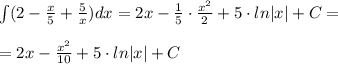 \int (2- \frac{x}{5}+\frac{5}{x})dx=2x- \frac{1}{5}\cdot \frac{x^2}{2}+5\cdot ln|x|+C=\\\\=2x- \frac{x^2}{10} +5\cdot ln|x|+C