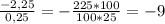 \frac{-2,25}{0,25} =- \frac{225*100}{100*25} =-9