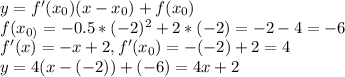 y=f'( x_{0} )(x- x_{0} )+f( x_{0} ) \\ f( x_{0)} =-0.5*(-2)^{2} +2*(-2)=-2-4=-6 \\ f'(x)=-x+2, f'( x_{0} )=-(-2)+2=4 \\ y=4(x-(-2))+(-6)=4x+2