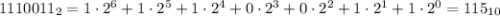 1110011_{2} = 1\cdot2^6 + 1\cdot2^5 + 1\cdot2^4 + 0\cdot2^3 + 0\cdot2^2 + 1\cdot2^1 + 1\cdot2^0 = 115_{10}