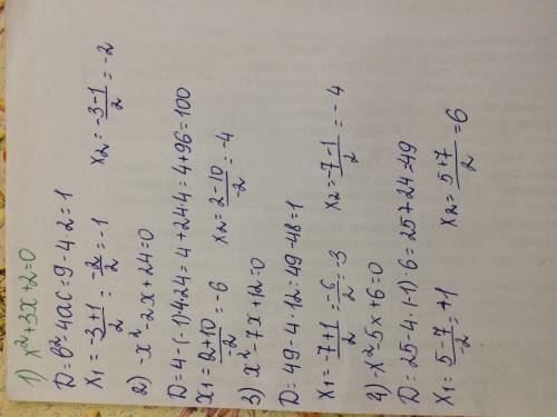 1) x²+3x+2=0 2) -x²-2x+24=0 3) x²-7x+12=0 4) -x²-5x+6=0