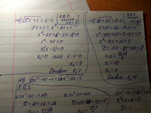 4иррациональных уравнения с подробным решением нужно. 1) √5x+1=x-1 2) √5+2x=5-x 3) √3x²-4x-1=√2x²-5x