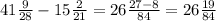 41 \frac{9}{28} - 15 \frac{2}{21} = 26 \frac{27 - 8}{84} = 26 \frac{19}{84}