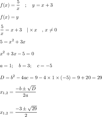 \displaystyle f(x)=\frac{5}{x} \quad; \quad y=x+3\\\\f(x)=y\\\\\frac{5}{x}=x+3\quad |\times x\quad , \, x\neq 0\\\\5=x^2+3x\\\\x^2+3x-5=0\\\\a=1;\quad b=3;\quad c=-5\\\\D=b^2-4ac=9-4\times1\times(-5)=9+20=29\\\\x_{1,2}=\frac{-b\pm \sqrt{D} }{2a} \\\\\\x_{1,2}=\frac{-3\pm\sqrt{29} }{2}