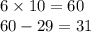 6 \times 10 = 60 \\ 60 - 29 = 31