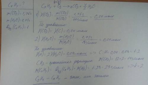 При сгорании углеводорода образовалось 1,76 г. oксида углерода(iv) и 0,72 г.воды относительная плотн