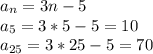 a_{n} =3n-5 \\ &#10;a_{5} =3*5-5=10 \\ &#10;a_{25} =3*25-5=70