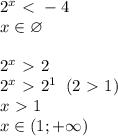 2^x\ \textless \ -4\\x\in\varnothing \\\\2^x\ \textgreater \ 2\\2^x\ \textgreater \ 2^1\; \; (2\ \textgreater \ 1)\\x\ \textgreater \ 1\\x\in(1;+\infty)