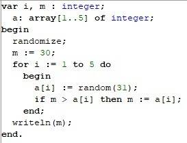 1. составить программу, которая формулирует массив из 5 случайных чисел от 0 до 30 и осуществляет по