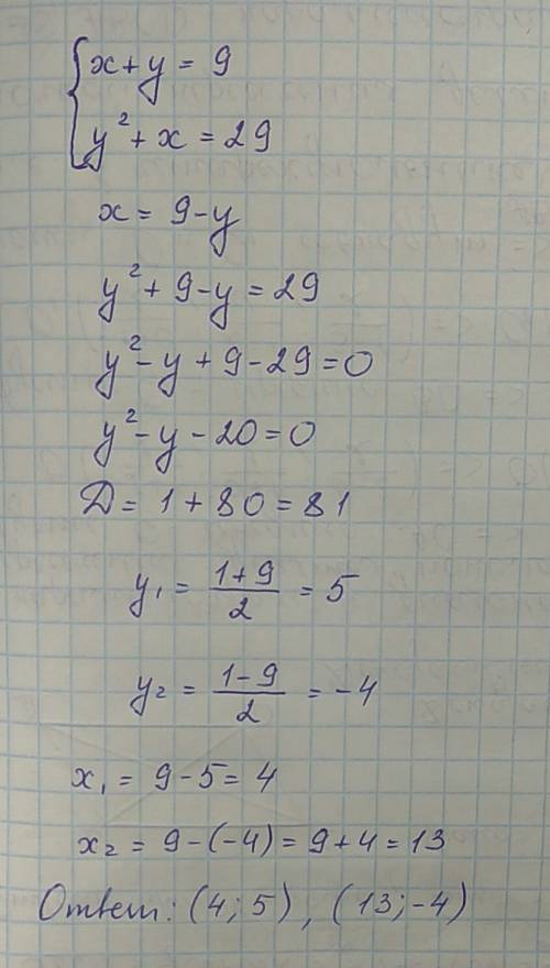 Решите систему уравнения: x+y=9 y^2+x=29 , завтра урок!