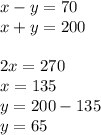 x - y = 70 \\ x + y = 200 \\ \\ 2x = 270 \\ x = 135 \\ y = 200 - 135 \\ y = 65