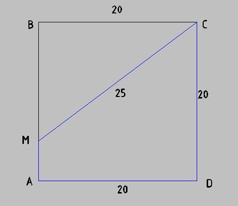 На стороне ав квадрата авсd взята точка м так, что см =25 см,диагональ квадрата равна 20√2см.найдите
