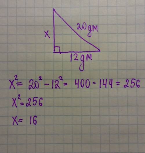 Найти катет прямоугольного треугольника,если гипотенуза=20дм,а один из катетов=12дм