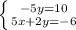 \left \{ {{-5y=10} \atop {5x+2y=-6}} \right.