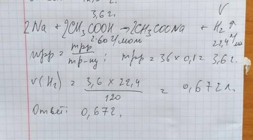 Об'єм водню утвориться під час взаємодії натрію з розчином етанової кислоти масою 36г з масовою част