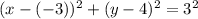 (x-(-3))^2+(y-4)^2=3^2