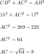 CB^{2} + AC^{2} = AB^{2} \\\\15^{2} + AC^{2} = 17^{2} \\\\AC^{2} = 289 - 225\\\\AC^{2} =64\\\\AC=\sqrt{64} = 8