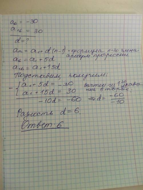 Найдите разность арифметической прогрессии(d),если: a6= -30, a16=30, с объяснение,