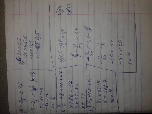 Найти x 5-x/3=4,6 6-3x=4,5 x/7+8=11 1,6- 0,8/x=1,4 7x+4=32 и подробно и по