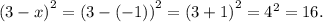 {(3 - x)}^{2} = {(3 - ( - 1))}^{2} = {(3 + 1)}^{2} = {4}^{2} = 16.