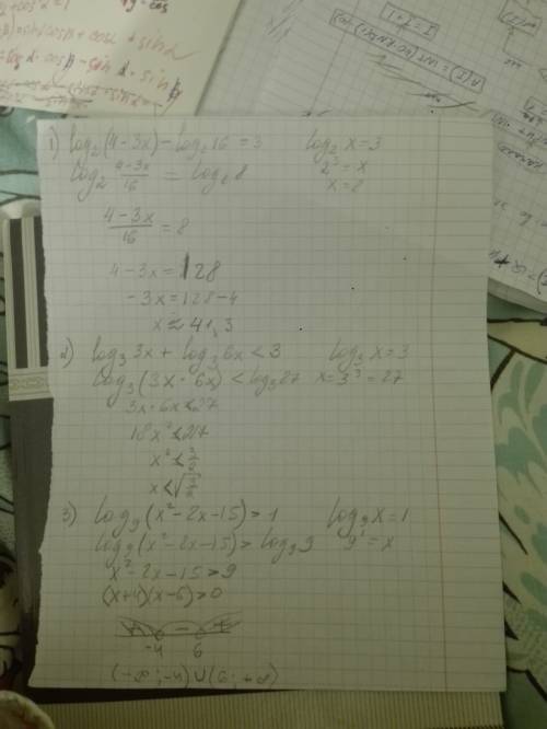 Подскажите как правильно решить )log²(4-3x)-log²16=3 2)log³3x+log³6< 3 3)log9(x²-2x-15)> 1