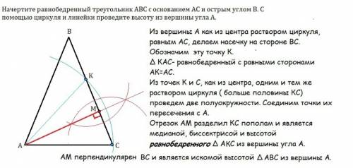 Начертите равнобедренный треугольник abc с основанием ac. с циркуля и линейки проведите медиану aa1