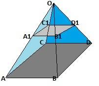 Площадь основания четырёхугольной пирамиды = 100 см^2. пирамида пересечена плоскостью, параллельной