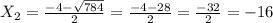 X _{2}= \frac{-4- \sqrt{784} }{2}= \frac{-4-28}{2} = \frac{-32}{2}=-16