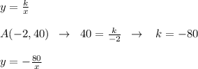 y= \frac{k}{x}\\\\A(-2,40)\; \; \to \; \; 40= \frac{k}{-2}\; \; \to \; \; \; k=-80\\\\y=-\frac{80}{x}