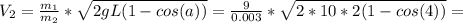 V_2= \frac{m_1}{m_2} * \sqrt{2gL(1-cos(a))}=\frac{9}{0.003} * \sqrt{2*10*2(1-cos(4))}=