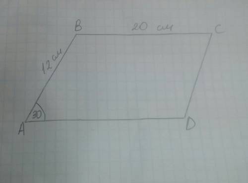 Параллелограмма abcd угол a=30 градусов ab=12см bc=20см
