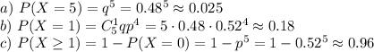 a)~P(X=5)=q^5=0.48^5\approx 0.025\\ b)~ P(X=1)=C^1_5qp^4=5\cdot 0.48\cdot 0.52^4\approx 0.18\\ c)~ P(X\geq 1)=1-P(X=0)=1-p^5=1-0.52^5\approx 0.96