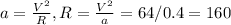 a= \frac{V^2}{R} , R=\frac{V^2}{a}=64/0.4=160