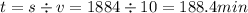 t = s \div v = 1884 \div 10 = 188.4min