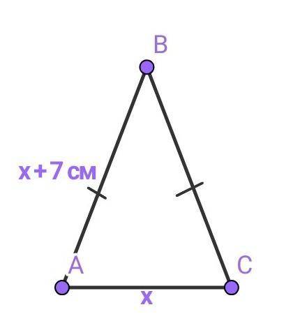 Ab=bc, ab=ac+7 см в треугольнике abc. найти меньшую сторону треугольника,если периметр равен 23 см