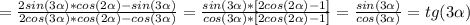 =\frac{ 2sin(3\alpha)*cos(2\alpha)- sin(3\alpha)}{ 2cos(3\alpha)*cos(2\alpha)- cos(3\alpha)}=&#10;\frac{ sin(3\alpha)*[2cos(2\alpha)- 1]}{ cos(3\alpha)*[2cos(2\alpha)-1]}= \frac{sin(3\alpha)}{cos(3\alpha)} =tg(3 \alpha )