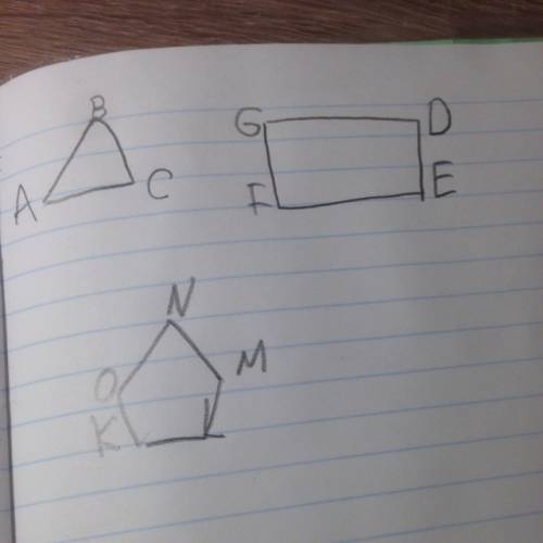 Нарисуйте треугольник abc, четырёхугольника defg,пятиугольник klmno.