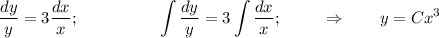 \dfrac{dy}{y} =3 \dfrac{dx}{x} ;~~~~~~~~\displaystyle~~~~~~\int \dfrac{dy}{y} =3 \int\dfrac{dx}{x} ;~~~~~~~\Rightarrow~~~~~~ y=Cx^3