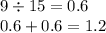 9 \div 15 = 0.6 \\ 0.6 + 0.6 = 1.2