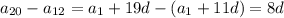 a_{20}-a_{12}=a_1+19d-(a_1+11d)=8d